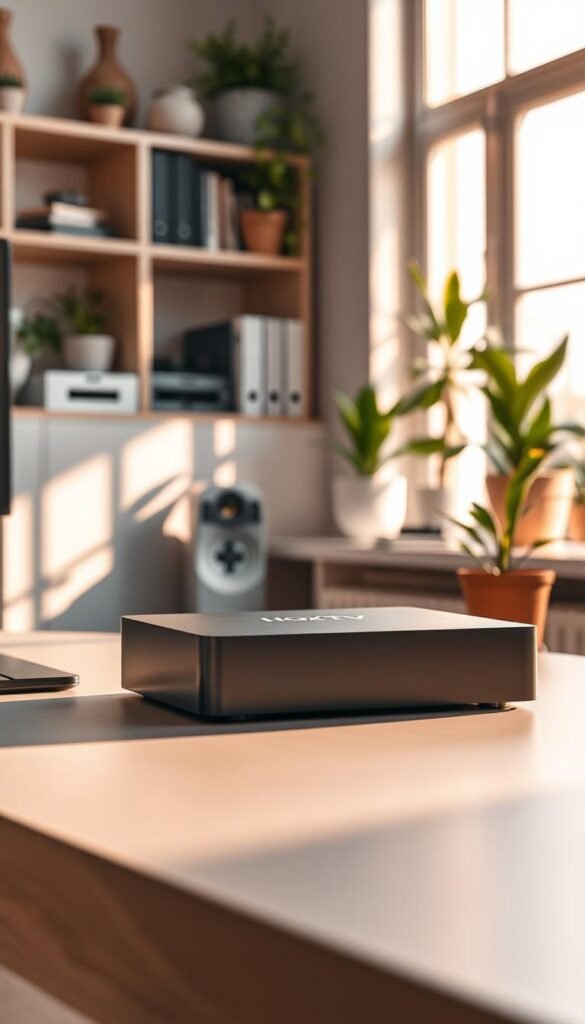 A sleek, modern IPTV box by Hoxtoon Provider, positioned on a minimalist desk in a well-lit home office. The box has a clean, rectangular design with subtle branding, conveying a professional and discreet appearance. The scene is bathed in warm, natural lighting filtering through large windows, casting soft shadows and creating a cozy, inviting atmosphere. The IPTV box is the focal point, showcasing its seamless integration into the workspace. The background features neatly organized shelves, potted plants, and other office accessories, suggesting a productive and organized environment.