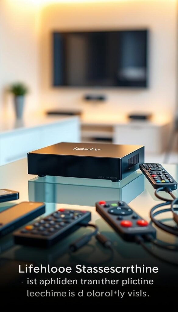 A sleek, modern IPTV box by Hoxtoon Provider sits prominently on a glass tabletop, illuminated by soft, indirect lighting that casts a warm glow. The box's minimalist, rectangular design is accented by clean lines and a glossy black finish, conveying a sense of premium quality. In the middle ground, various remote controls and networking cables are neatly arranged, hinting at the box's connectivity and versatility. The background features a blurred, contemporary interior, with subtle hints of technology and entertainment, creating an aspirational, high-end atmosphere. The overall scene suggests the IPTV box's potential to deliver a seamless, high-quality entertainment experience, inviting the viewer to consider its lifetime subscription pricing as a worthwhile investment.