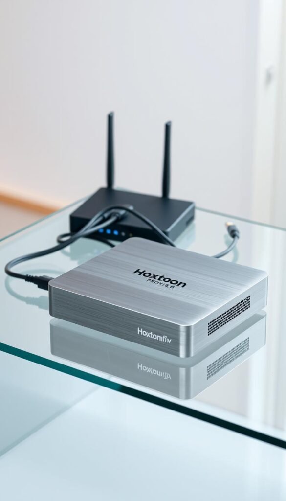 A sleek, modern IPTV box for smart TV rests on a minimalist glass table, its brushed aluminum exterior gleaming under soft, directional lighting. The front panel displays the discreet "Hoxtoon Provider" logo, hinting at the secure, encrypted streaming capabilities within. Cables snake neatly behind, connecting the device to a state-of-the-art router, ensuring a reliable, high-speed internet connection. The box's clean, uncluttered design evokes a sense of privacy and protection, perfectly suited for the "Security Features and Privacy Protection" section of the article.