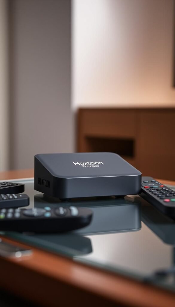 A sleek, modern IPTV box for smart TV, sitting on a minimalist glass or wood surface. The box has a clean, matte black or white finish, with subtle branding - "Hoxtoon Provider" - displayed discreetly on the front panel. The device is surrounded by a few remote controls, highlighting its multi-device compatibility. Soft, indirect lighting illuminates the scene, creating a warm, inviting atmosphere. The camera angle showcases the box's slim profile and attractive design, emphasizing its seamless integration into a contemporary living room or home entertainment setup.