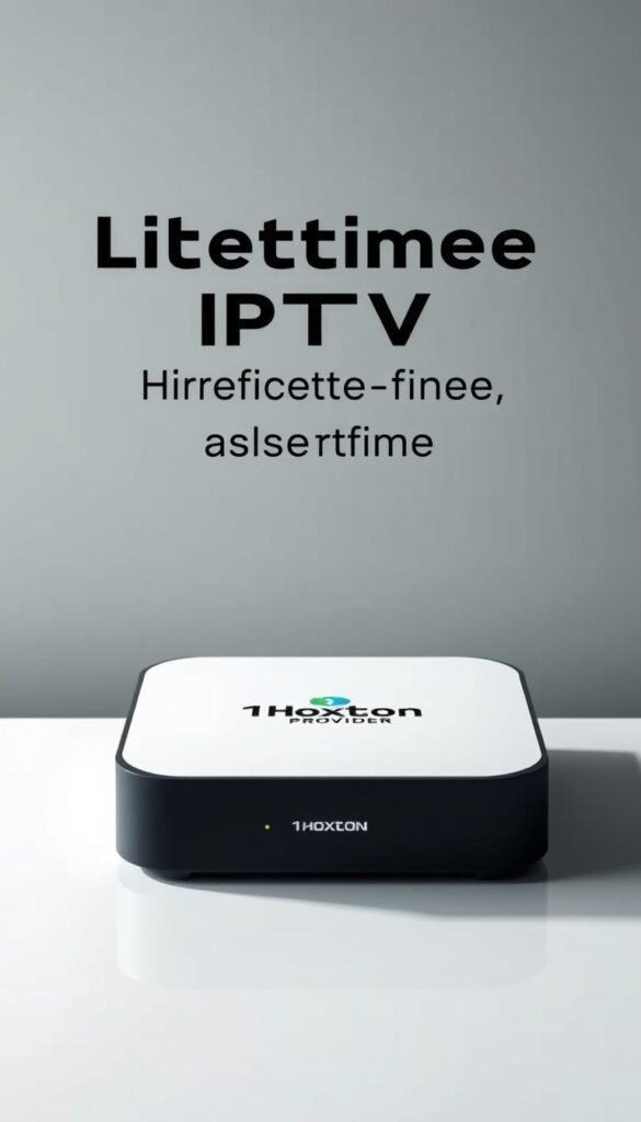 A sleek, modern IPTV box prominently displayed, showcasing the Hoxtoon Provider logo. The device is surrounded by a clean, minimalist setup with subtle gray and white tones, hinting at the simplicity and reliability of the lifetime subscription service. Soft lighting illuminates the scene, creating a sense of quality and sophistication. In the background, a blurred cityscape suggests the global reach and accessibility of the IPTV offering. The overall composition conveys a premium, hassle-free lifetime IPTV experience.