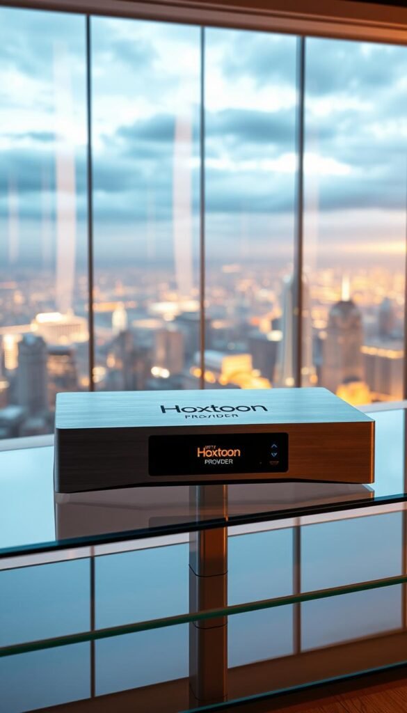 A sleek, modern IPTV box receiver stands prominently on a minimalist glass-and-steel entertainment unit. The device's angular, brushed-metal chassis gleams under warm, directional lighting, casting subtle shadows. On the box's front, the "Hoxtoon Provider" logo is displayed in a clean, futuristic font. The receiver's display panel shows a crisp, high-definition user interface, conveying a sense of advanced technology. In the background, a large, panoramic window overlooking a futuristic cityscape adds a sophisticated, urban ambiance. The overall scene exudes a streamlined, high-tech aesthetic, perfectly capturing the essence of a 2026 IPTV setup.