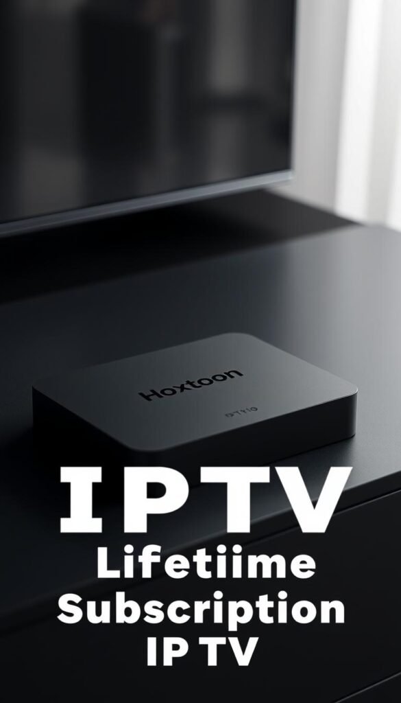 A sleek, modern IPTV box resting on a dark, minimalist surface. The device features the "Hoxtoon Provider" branding, conveying a premium, high-quality product. Soft, directional lighting illuminates the box, highlighting its clean lines and matte finish. The scene exudes a sense of sophistication and reliability, suitable for a lifetime subscription IPTV service. The background is blurred, keeping the focus on the IPTV box as the central subject.
