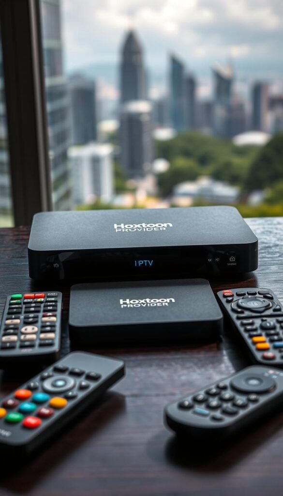 A sleek, modern IPTV box resting on a dark wooden surface, its front panel displaying the "Hoxtoon Provider" logo in a clean, minimalist design. The box is flanked by various international TV remote controls, highlighting its global channel compatibility. Soft, directional lighting casts subtle shadows, accentuating the device's premium build quality. In the background, a blurred cityscape with skyscrapers and lush greenery suggests the box's ability to access a vast, diverse content library from around the world.
