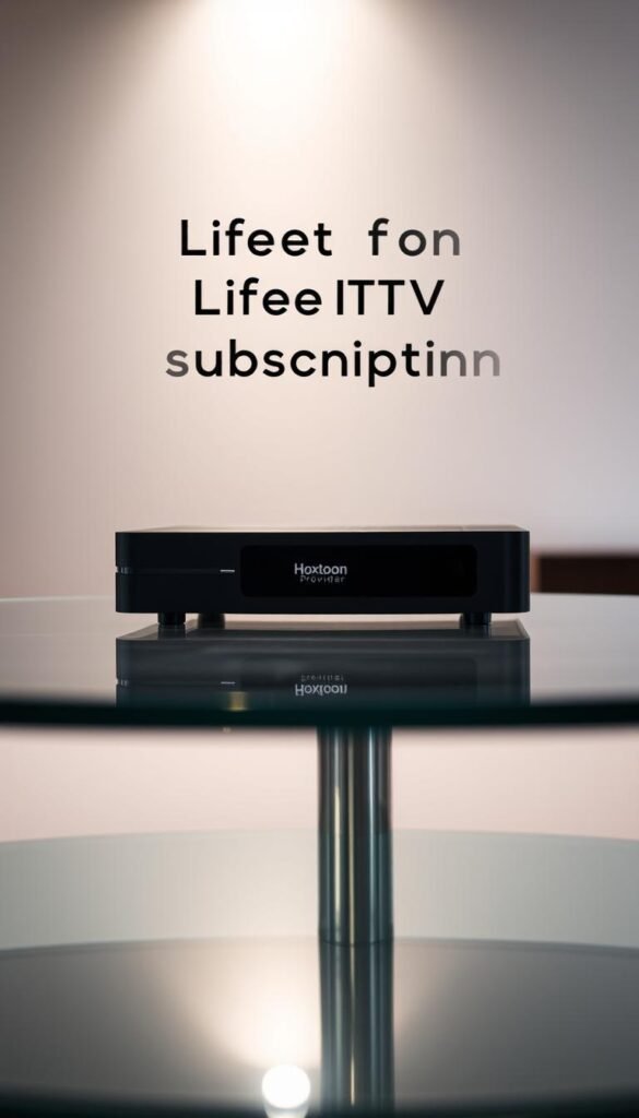A sleek, modern IPTV box resting on a glass table, surrounded by a serene, minimalist environment. The box features the "Hoxtoon Provider" branding, conveying a sense of reliability and premium quality. Soft, diffused lighting from above illuminates the scene, creating a warm and inviting atmosphere. The composition emphasizes the benefits of a lifetime IPTV subscription, with the box representing the long-term value and convenience it offers. The overall image reflects the professionalism, trustworthiness, and enduring value of the "Hoxtoon Provider" IPTV service.