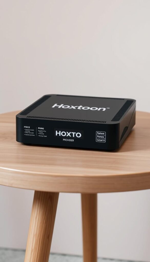 A sleek, modern IPTV box resting on a minimalist wooden table, showcasing the Hoxtoon Provider brand name in a clean, sophisticated font. The table is set against a muted, pastel-colored background, creating a serene and inviting atmosphere. The box features various pricing plans displayed on its sides, with clear and concise information about the features and subscription options. The lighting is soft and diffused, highlighting the details of the box and the pricing plans. The overall composition conveys a sense of professionalism and affordability, perfectly aligning with the subject and section title of the article.