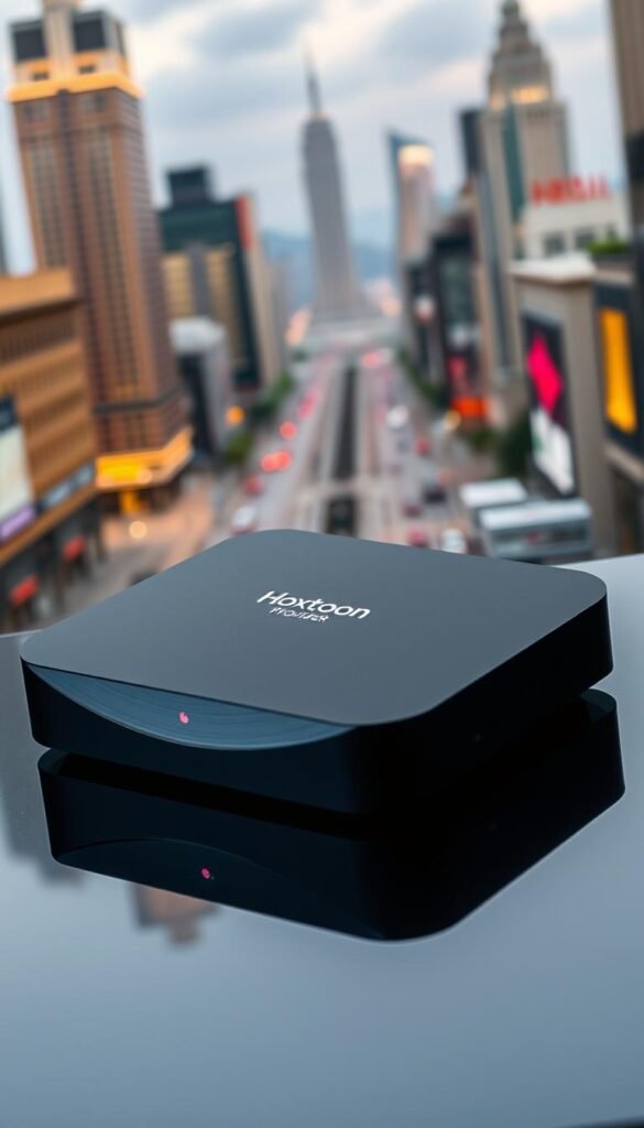 A sleek, modern IPTV box rests on a dark, polished surface, its matte black exterior housing the latest Arabic channel streaming technology. Elegant curves and minimalist design create an air of sophistication, while the Hoxtoon Provider logo subtly adorns the front panel. Soft, diffused lighting from above casts a warm glow, highlighting the box's clean lines and premium materials. In the background, a blurred cityscape of towering skyscrapers and bustling streets evokes the global reach and diverse appeal of the Arabic IPTV service. This powerful yet discreet device embodies the seamless integration of international content and local expertise that makes it an essential tool for discerning viewers.