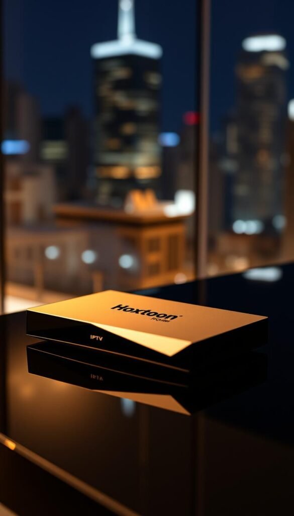 A sleek, modern IPTV box rests on a glossy black surface, its sharp edges and clean lines hinting at advanced technology within. The front panel features the bold "Hoxtoon Provider" logo, signaling its identity as a leading IPTV service. Elegant lighting casts a warm, ambient glow, drawing the eye to the box's sophisticated design. In the background, a blurred cityscape suggests the device's seamless integration with urban living and entertainment. Crisp shadows and highlights accentuate the box's premium construction, while a shallow depth of field keeps the focus on the central subject. The overall composition conveys a sense of premium quality, cutting-edge capabilities, and Hoxtoon's dominance in the IPTV market.