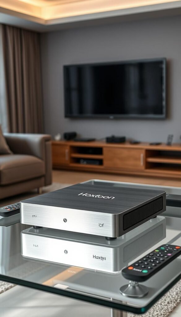 A sleek, modern IPTV box rests on a minimalist glass table, its brushed aluminum chassis gleaming under the soft, diffused lighting of a stylishly appointed living room. The box's discreet Hoxtoon Provider branding subtly adorns the front panel, hinting at the advanced technology within. Surrounding the box, a selection of remote controls and streaming devices suggest the seamless integration of this IPTV solution into a comprehensive home entertainment system. The overall scene conveys a sense of sophistication and technological superiority, perfectly complementing the article's focus on the advantages of IPTV over traditional broadcasting.