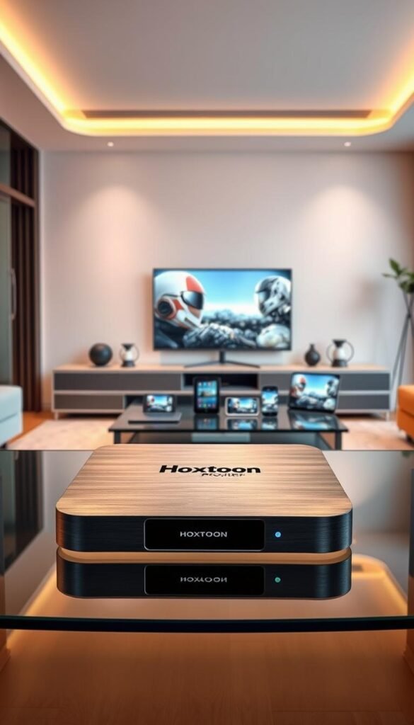 A sleek, modern IPTV box rests on a minimalist glass table, its brushed aluminum exterior gleaming under warm, diffused lighting. In the foreground, the Hoxtoon Provider logo stands out prominently, showcasing the device's premium branding. The middle ground features multiple mobile devices, tablets, and smart TVs, all seamlessly connected to the IPTV box, highlighting its multi-device compatibility. The background depicts a stylish, high-tech living room setting, with clean lines, neutral tones, and subtle decorative elements that create a sense of elegance and sophistication. The overall scene conveys the versatility, ease of use, and premium quality of the 2026 IPTV box receiver, ready to provide a seamless, future-proof entertainment experience throughout the entire home.