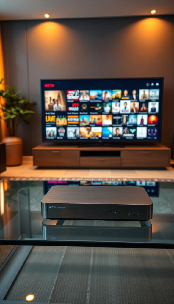 A sleek, modern IPTV box rests on a minimalist glass table, surrounded by a lush, dimly lit living room. The box's clean lines and brushed metal finish reflect warm task lighting, hinting at its powerful capabilities. In the background, a large, high-definition TV displays the Hoxtoon Provider's vibrant, expansive on-demand video library, with over 150,000 titles spanning genres and languages. The scene conveys a sense of immersive, personalized entertainment, ready to be explored and enjoyed at the user's leisure.