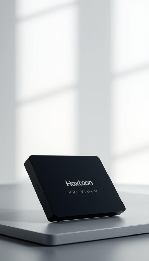A sleek, modern IPTV box set against a minimalist, well-lit backdrop. The box features the Hoxtoon Provider brand name prominently displayed, conveying a sense of premium quality and reliability. The device is showcased from an angle that highlights its clean lines, sharp edges, and glossy finish, creating an alluring and sophisticated visual appeal. The lighting is soft and diffused, casting gentle shadows that accentuate the box's form and textures. The background is a neutral, uncluttered space, allowing the IPTV box to be the central focus of the image. Overall, the scene exudes a sense of high-end technology and modern minimalism, effectively capturing the key features and premium feel of the Hoxtoon Provider IPTV box.