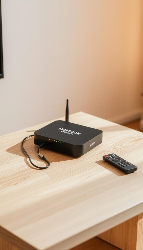 A sleek, modern IPTV box setup on a minimalist wooden table, showcasing the Hoxtoon Provider brand. The box is positioned prominently, with cables neatly routed and a remote control nearby. Soft, warm lighting illuminates the scene, creating a cozy, inviting atmosphere. The background features a simple, uncluttered wall, allowing the setup to be the focal point. The overall composition emphasizes the ease and convenience of the Hoxtoon IPTV experience, hinting at the quick and straightforward setup process.