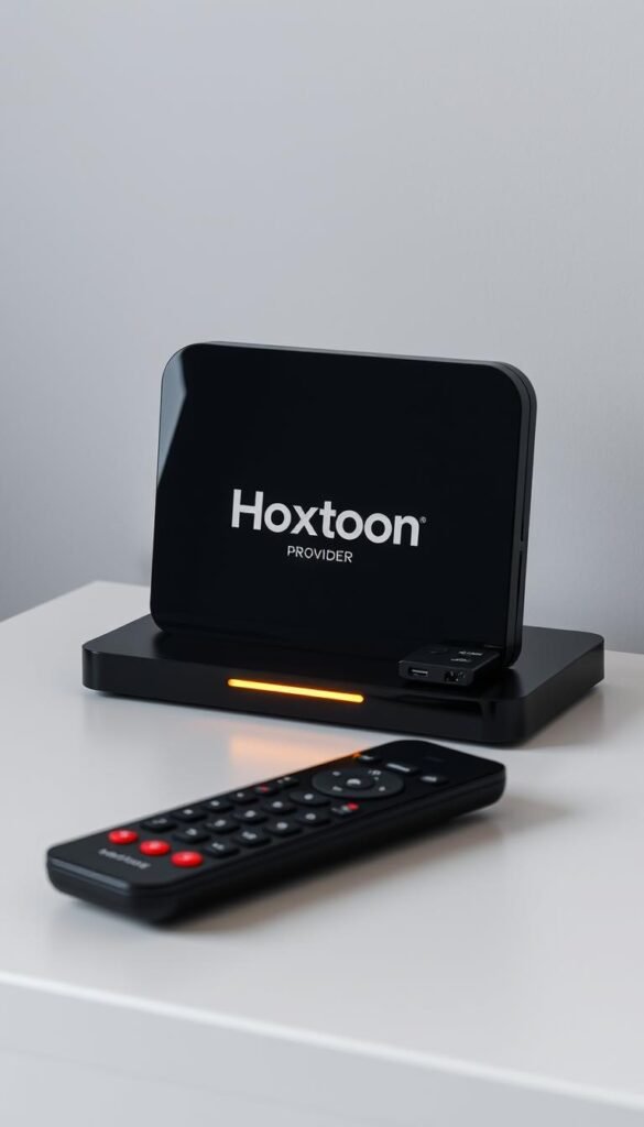 A sleek, modern IPTV box sits atop a clean, minimalist desk. The box, emblazoned with the "Hoxtoon Provider" logo, has a glossy black finish and a simple, streamlined design. Elegant lighting casts a warm, inviting glow, creating a sense of sophistication. The box is positioned alongside a stylish remote control, conveying the ease of use and accessibility of the lifetime IPTV subscription. The background is a soft, muted gray, allowing the device to take center stage and exude a sense of premium quality and reliability.
