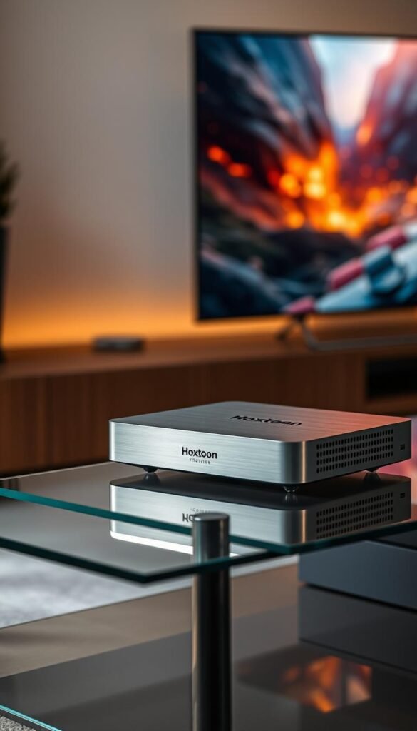 A sleek, modern IPTV box sits atop a minimalist glass-and-steel entertainment console, bathed in warm, diffused lighting. The brushed aluminum exterior of the "Hoxtoon Provider" box gleams, its clean lines and subtle branding reflecting the sophisticated design aesthetic. In the background, a large, high-definition television screen displays a vibrant, immersive scene, hinting at the expansive content library available through the IPTV service. The overall scene conveys a sense of technological advancement, seamless integration, and the evolution of home entertainment.