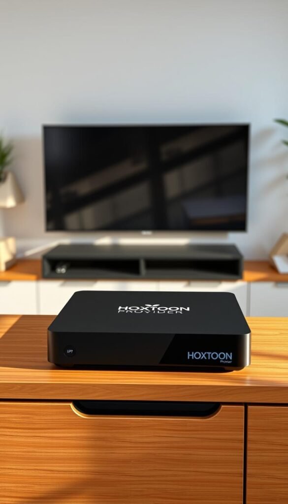 A sleek, modern IPTV box sits atop a wooden media console, its matte black exterior gleaming under soft, directional lighting. The Hoxtoon Provider logo is prominently displayed on the front panel, signifying its high-quality streaming capabilities. The box is surrounded by a minimalist, contemporary setting, with a large flat-screen television in the background and stylish, geometric decor elements providing a sense of balance and sophistication. The overall scene conveys a premium, future-forward home entertainment experience, perfectly suited for enjoying a lifetime of free, high-definition channels.