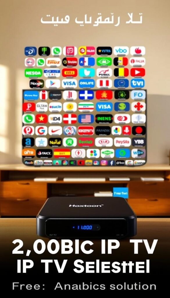 A sleek, modern IPTV box sits prominently in the foreground, its Hoxtoon Provider branding clearly visible. The box is surrounded by a vibrant assortment of international TV channel logos, conveying the impressive 21,000+ live channel selection. The scene is illuminated by warm, natural lighting, creating a welcoming and inviting atmosphere. The background features a clean, minimalist design, allowing the IPTV box and channel logos to take center stage. The overall composition suggests the convenience and versatility of this free Arabic IPTV solution, perfectly aligning with the article's subject and section title.