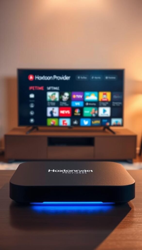 A sleek, modern IPTV box sits prominently in the foreground, the Hoxtoon Provider logo emblazoned on its matte black casing. The device is illuminated by warm, directional lighting, casting subtle shadows that create depth and dimensionality. In the middle ground, a simple, minimalist interface displays a grid of colorful channel icons, representing the lifetime of free streaming content available. The background is softly blurred, hinting at a cozy, domestic setting, perhaps a living room or home entertainment space, creating an inviting and premium atmosphere.