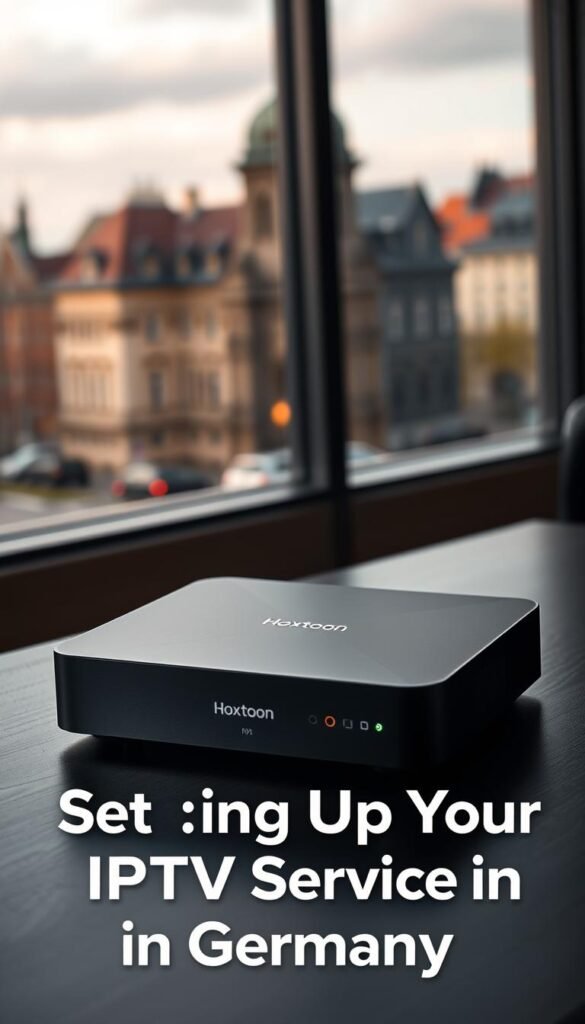 A sleek, modern IPTV box sits prominently on a dark wooden table, its matte black exterior gleaming under the soft, indirect lighting. The device exudes a sense of minimalist sophistication, with clean lines and a subtle Hoxtoon Provider logo discreetly displayed on the front panel. In the background, a blurred cityscape of German architecture frames the scene, hinting at the box's intended use for accessing local and international television content. The overall atmosphere is one of efficiency and technological prowess, perfectly suited for the "Setting Up Your IPTV Service in Germany" section of the article.