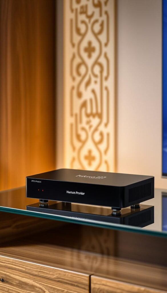 A sleek, modern IPTV box sits prominently on a minimalist glass or wood media center. The device features the Hoxtoon Provider brand name displayed discreetly on the front panel. Soft, indirect lighting illuminates the box, creating a warm, inviting atmosphere. The background showcases a stylized Arabic-inspired pattern or motif, subtly hinting at the box's capabilities to access a vast library of Arabic television channels. The overall composition conveys a sense of premium quality, technology, and cultural integration, aligning with the subject of the "Best Arabic IPTV box lifetime plan" article.
