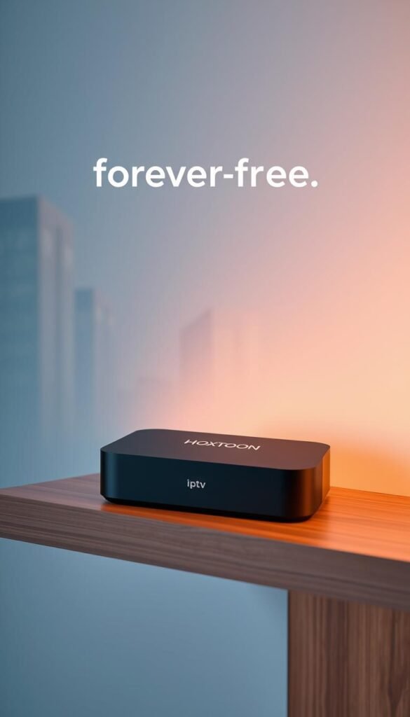 A sleek, modern IPTV box sits prominently on a minimalist wooden shelf, its Hoxtoon Provider branding subtly displayed. Soft, directional lighting casts a warm glow, highlighting the clean lines and premium materials. In the background, a blurred city skyline sets a sophisticated urban tone. The box's intuitive interface is visible, inviting the viewer to imagine a seamless, lifetime streaming experience. The overall scene conveys a sense of simplicity, quality, and the appeal of a hassle-free, forever-free entertainment solution.