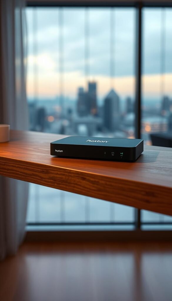 A sleek, modern IPTV box sits prominently on a minimalist wooden shelf, its Hoxtoon Provider branding subtly displayed. Soft, warm lighting illuminates the device, creating a cozy, inviting atmosphere. The box's clean lines and premium materials convey a sense of quality and reliability. In the background, a blurred cityscape can be seen through a large window, hinting at the box's ability to provide a wide range of entertainment options. The overall scene exudes a sense of sophistication and practicality, perfectly capturing the essence of the "best lifetime IPTV box for home use."