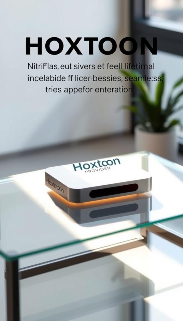 A sleek, modern IPTV box sitting atop a minimalist glass or metal surface, showcasing the Hoxtoon Provider brand name prominently displayed. The box is backlit with a soft, warm glow, casting a subtle shadow on the surface below. The scene is illuminated by natural daylight, conveying a sense of quality and premium feel. The box's design features clean lines, smooth curves, and a premium matte or brushed metal finish, conveying a high-end, durable aesthetic. The overall mood is one of sophistication, technological innovation, and the promise of a seamless, lifetime IPTV subscription experience.