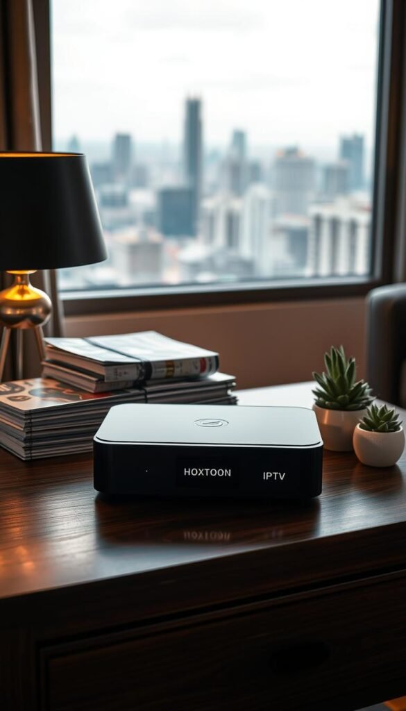 A sleek, modern IPTV box stands prominently on a dark wood table, its minimalist design and glowing indicator lights conveying a sense of high-tech reliability. The box is surrounded by a vignette of sophisticated household items - a stylish lamp, a neatly stacked pile of magazines, and a succulent plant in a ceramic pot. Soft, warm lighting illuminates the scene, creating a cozy, inviting atmosphere. In the background, a large window offers a glimpse of a bustling city skyline, hinting at the global connectivity the IPTV box provides. The Hoxtoon Provider logo is subtly displayed on the front of the device, signifying the quality and trust associated with this premium IPTV service.