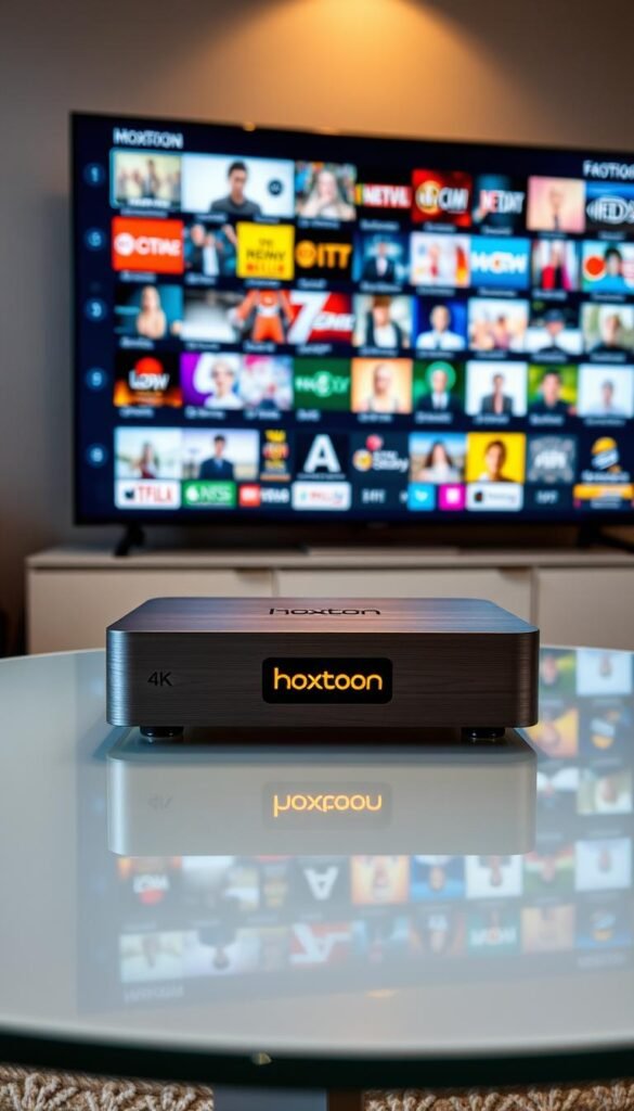 A sleek, modern IPTV box with a brushed aluminum body and a glowing Hoxtoon Provider logo sits atop a minimalist glass-topped table. The box is backlit, casting a warm glow across the scene. In the background, a large 4K TV displays a vibrant, diverse array of TV channels, hinting at the expansive Hoxtoon content library of over 21,000 channels. The lighting is soft and diffused, creating a premium, high-end atmosphere. The camera angle is slightly elevated, giving a sense of the box's sophisticated design and the immersive viewing experience it provides.