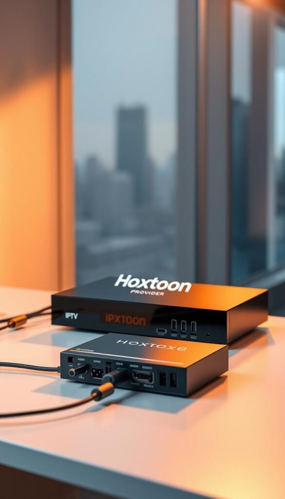A sleek, modern IPTV box with the Hoxtoon Provider brand prominently displayed on the front panel. The box is situated on a clean, minimalist desk, bathed in warm, directional lighting that casts subtle shadows and highlights the device's clean lines and glossy finish. In the middle ground, various cable connections, ports, and buttons are visible, showcasing the box's technical capabilities. In the background, a blurred cityscape or office environment suggests a professional, technology-focused setting. The overall mood is one of sophistication, functionality, and the promise of a seamless, high-quality IPTV experience.