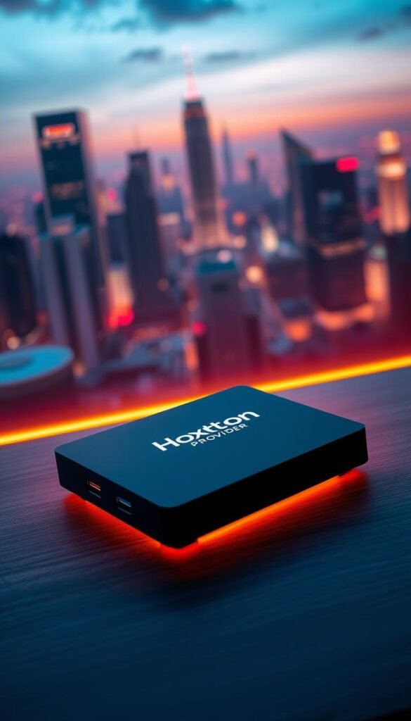 A sleek, modern IPTV box with the Hoxtoon Provider brand prominently displayed. The device rests on a minimalist, wooden surface, surrounded by a soft, ambient lighting that casts a warm glow. The box features clean lines, a matte black finish, and discreet connectivity ports. In the background, a blurred cityscape with skyscrapers and a vibrant, neon-tinged sky creates a futuristic, urban atmosphere. The overall composition conveys a sense of sophistication, technological advancement, and the promise of unlimited entertainment at one's fingertips.