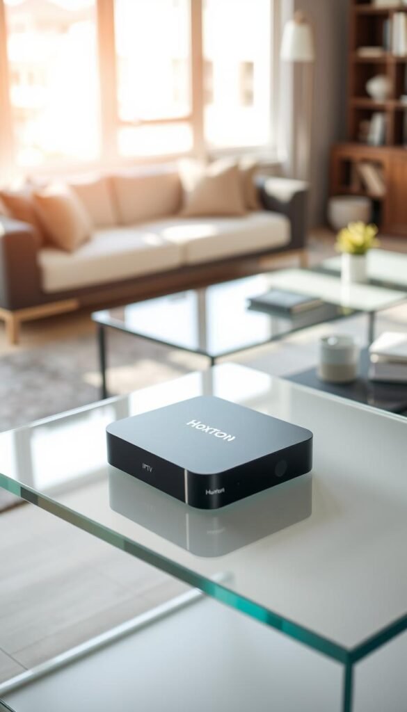 A sleek, modern IPTV box with the Hoxtoon Provider branding sits prominently on a minimalist, glass-topped table. The device features a clean, black rectangular design with silver accents, conveying a sense of premium quality. Crisp, natural lighting from large windows bathes the scene, creating soft shadows and highlights that accentuate the box's attractive form. In the background, a blurred, contemporary living room setting suggests a cozy, high-tech home environment perfect for enjoying movies and TV shows. The overall impression is one of elegant simplicity and high-performance streaming capabilities.