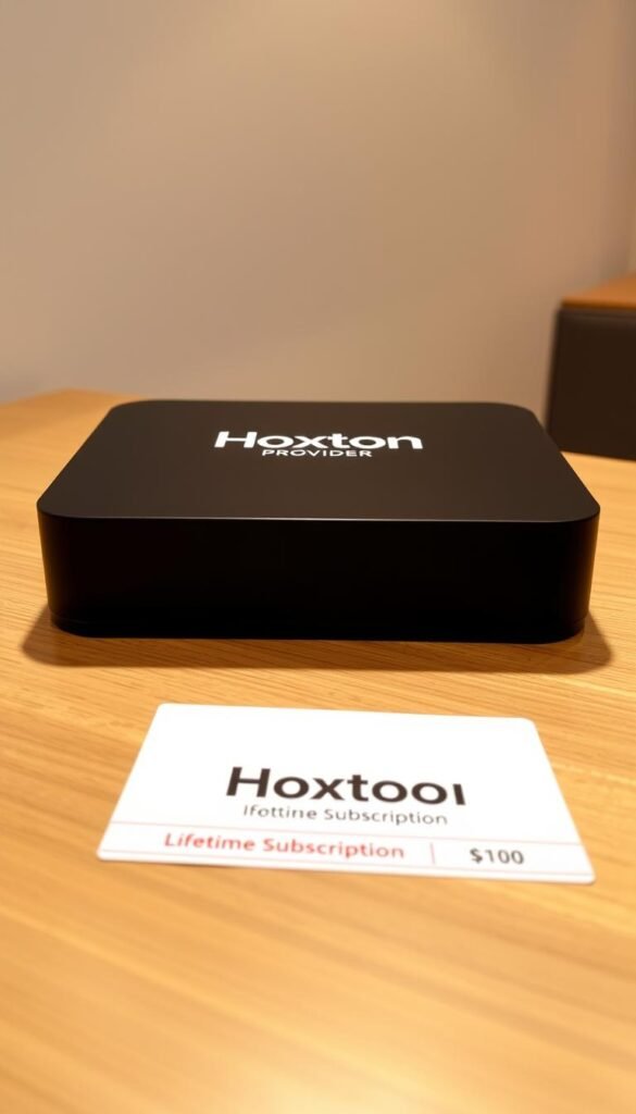 A sleek, modern IPTV box with the Hoxtoon Provider logo prominently displayed on the front panel. The device is situated on a minimalist, wooden table, casting a soft, warm glow from the diffused lighting above. The box's matte black finish and clean lines create an elegant, premium aesthetic. In the foreground, a lifetime subscription card rests next to the box, showcasing the Hoxtoon branding and pricing details. The background features a subtle, out-of-focus cityscape, hinting at the global connectivity enabled by the IPTV service. The overall scene conveys a sense of sophistication, reliability, and the convenience of a lifetime subscription.