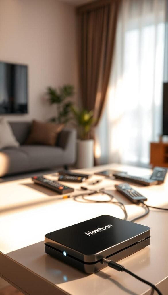 A sleek, modern IPTV box with the Hoxtoon Provider logo prominently displayed. The device is situated on a clean, minimalist table, bathed in warm, directional lighting that casts subtle shadows. The box has a minimalist, rectangular design with clean lines and a glossy, black finish. In the foreground, an LED indicator light softly glows, hinting at the device's functionality. In the middle ground, the IPTV box is surrounded by various remote controls and cables, conveying the idea of a comprehensive home entertainment setup. The background features a blurred, out-of-focus living room, suggesting the box's integration into a cozy, domestic environment. The overall mood is one of modern, sophisticated technology that seamlessly blends into a comfortable, everyday setting.