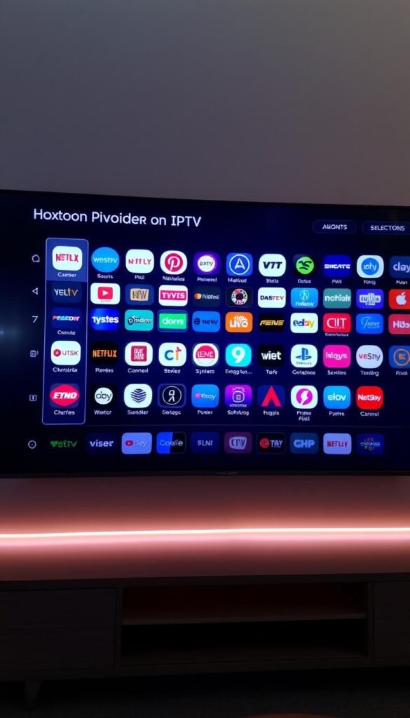 A sleek, modern IPTV channel selection screen showcasing the diverse offerings of the Hoxtoon Provider. The interface features a grid of colorful channel logos against a sophisticated dark backdrop, with a clean, minimalist design and intuitive navigation. Soft ambient lighting creates a warm, inviting atmosphere, drawing the viewer's attention to the extensive channel selection. The screen exudes a sense of premium quality and unparalleled entertainment options, reflecting the Hoxtoon Provider's commitment to delivering an unmatched viewing experience.