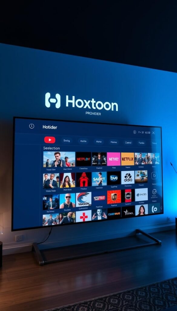 A sleek, modern IPTV channel selection screen with the Hoxtoon Provider brand prominently displayed. The interface features a grid-like layout with high-definition channel thumbnails, elegant typography, and a clean, minimalist design. The scene is bathed in a soft, ambient lighting, creating a visually appealing and inviting atmosphere. The user's focus is drawn to the channel selection, conveying the value and convenience of the Hoxtoon IPTV service. The overall impression is one of a sophisticated, user-friendly platform that enhances the viewer's entertainment experience.