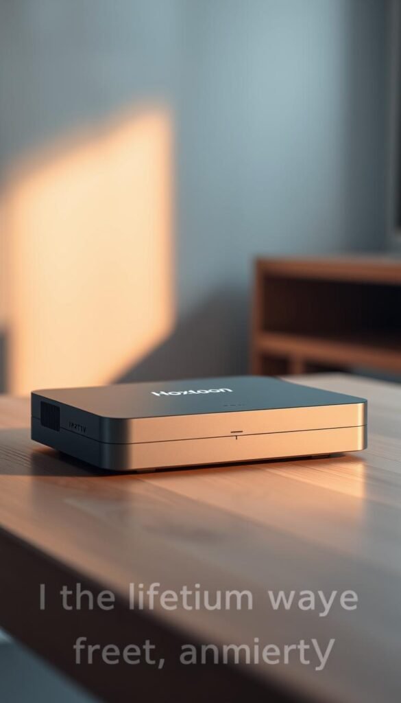 A sleek, modern IPTV device resting on a minimalist wooden table, showcasing the "Hoxtoon Provider" brand name prominently displayed. The device is backlit with a soft, warm glow, casting a subtle halo effect. The background is slightly blurred, creating a sense of depth and focus on the IPTV device. The lighting is balanced, with a mix of directional and ambient illumination, highlighting the device's clean lines and premium finish. The overall mood is one of simplicity, elegance, and the promise of a lifetime of free IPTV entertainment.