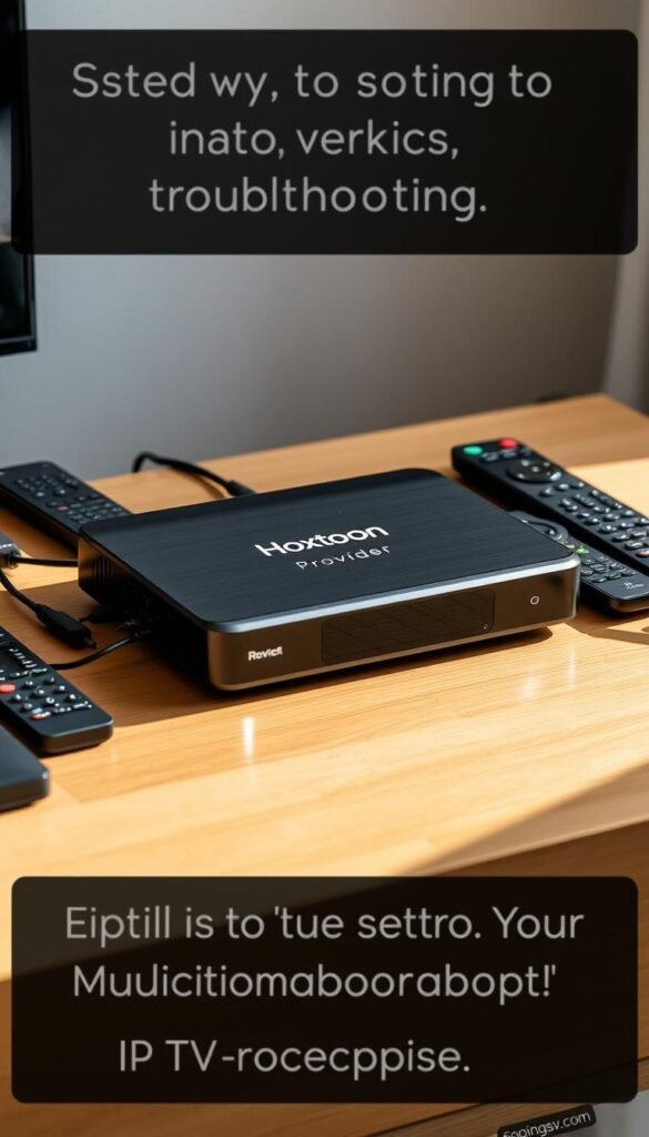 A sleek, modern IPTV device sitting on a minimalist wooden table, surrounded by various remote controls and connected cables. The device features the "Hoxtoon Provider" branding prominently displayed. Soft, directional lighting from the side creates subtle shadows, highlighting the device's clean lines and premium finish. The scene conveys a sense of technology, connectivity, and troubleshooting, hinting at the challenges of setting up a multiroom IPTV system.