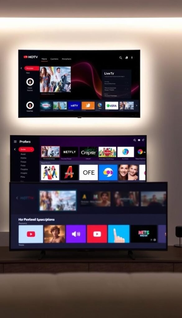 A sleek, modern IPTV interface designed by the Hoxtoon Provider. In the foreground, a clean dashboard with customizable tiles displaying live TV channels, on-demand content, and subscription details. The middle ground features a side navigation menu with intuitive icons for easy browsing. In the background, a minimalist layout with a dark, elegant color scheme, conveying a premium streaming experience. Soft lighting illuminates the interface, creating a visually appealing and user-friendly atmosphere. The overall design prioritizes simplicity, functionality, and the Hoxtoon brand's distinctive style.