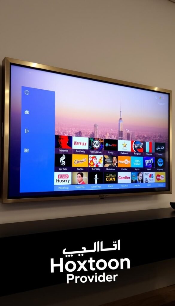 A sleek, modern IPTV interface showcasing a diverse array of Arabic TV channels, displayed on a high-resolution screen. The screen is surrounded by a minimalist, brushed metal frame, creating a premium, tech-savvy aesthetic. In the foreground, the "Hoxtoon Provider" logo is prominently featured, indicating a reliable and trusted IPTV service. The middle ground features a clean, user-friendly menu system with intuitive icons and categories, allowing easy navigation through the extensive channel selection. The background subtly depicts a cityscape, hinting at the global reach and versatility of the IPTV service. The overall scene conveys a sense of effortless access to a vast array of Arabic entertainment, perfect for troubleshooting common IPTV issues.