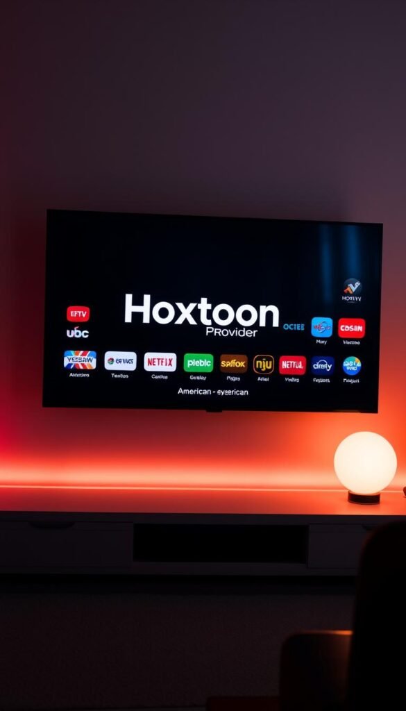 A sleek, modern IPTV interface showcasing a diverse array of live TV channels catering to American viewers. The screen displays the Hoxtoon Provider brand prominently, surrounded by a clean, minimalist design. The channel logos are crisp and vibrant, conveying the breadth of entertainment options available. Subtle lighting casts a warm, inviting glow, creating a premium, high-quality feel. The overall composition emphasizes the user-friendly experience and the comprehensive nature of the IPTV service, making it an appealing choice for discerning American viewers.
