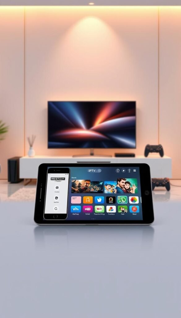 A sleek, modern IPTV interface showcasing seamless multi-device support. In the foreground, a stylized tablet or smartphone displays the Hoxtoon Provider app, its intuitive layout and crisp visuals highlighting the service's capabilities. In the middle ground, additional devices such as a smart TV, laptop, and game console are arranged, connected to the IPTV system and demonstrating the breadth of compatibility. The background features a minimalist, technology-inspired setting with clean lines, subtle gradients, and a sense of digital elegance. Warm, focused lighting illuminates the scene, creating a sense of functionality and reliability. The overall composition conveys the versatility and user-friendly nature of the Hoxtoon Provider IPTV service, catering to the needs of modern, tech-savvy households.