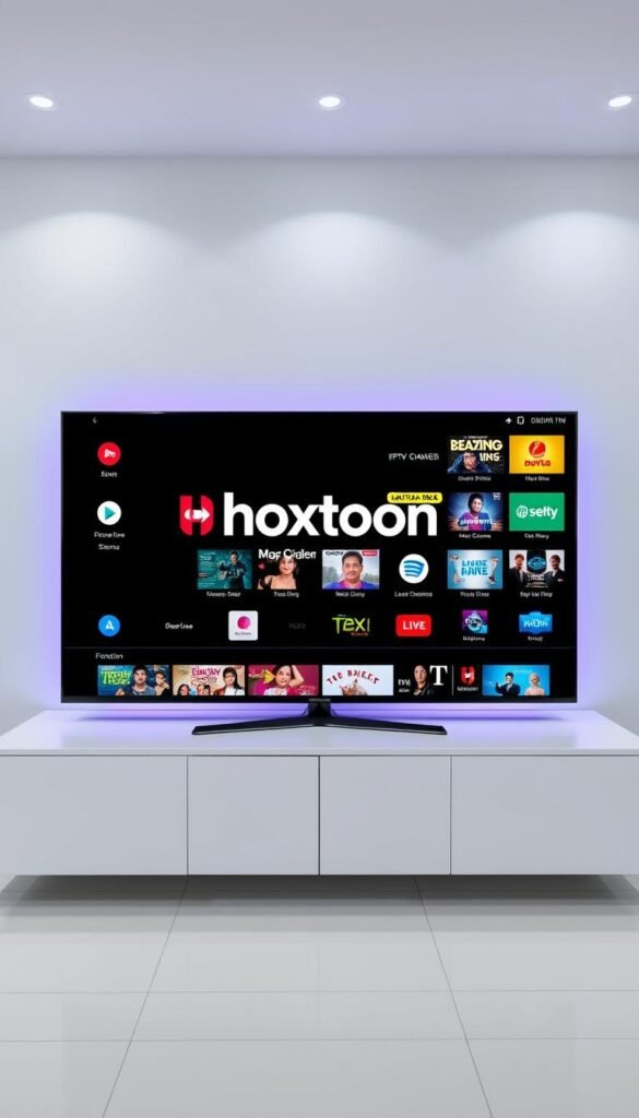 A sleek, modern IPTV interface showcasing the Hoxtoon Provider brand, displaying a grid of diverse Latino entertainment channels. The scene is well-lit, with a clean and minimalist aesthetic. The display prominently features the Hoxtoon logo, alongside vibrant channel icons and program thumbnails. The overall impression conveys the convenience and accessibility of Latino IPTV USA, catering to the diverse entertainment needs of the Latino community in the United States.