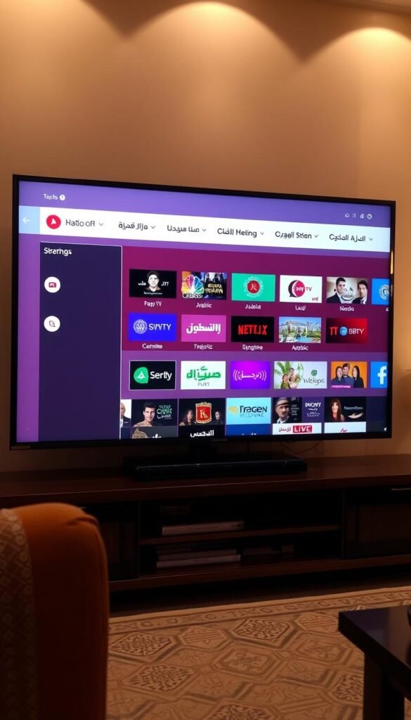 A sleek, modern IPTV interface showcasing the Hoxtoon Provider brand prominently. The screen displays a curated selection of popular Arabic TV channels, with a clean and intuitive navigation menu. In the background, subtle patterns and textures evoke the rich cultural heritage of the Middle East. Soft lighting creates a warm, inviting atmosphere, while the overall design conveys a sense of reliability, stability, and high-quality streaming experience. The composition balances technology and tradition, presenting Hoxtoon Provider as a trustworthy and dependable Arabic IPTV service.