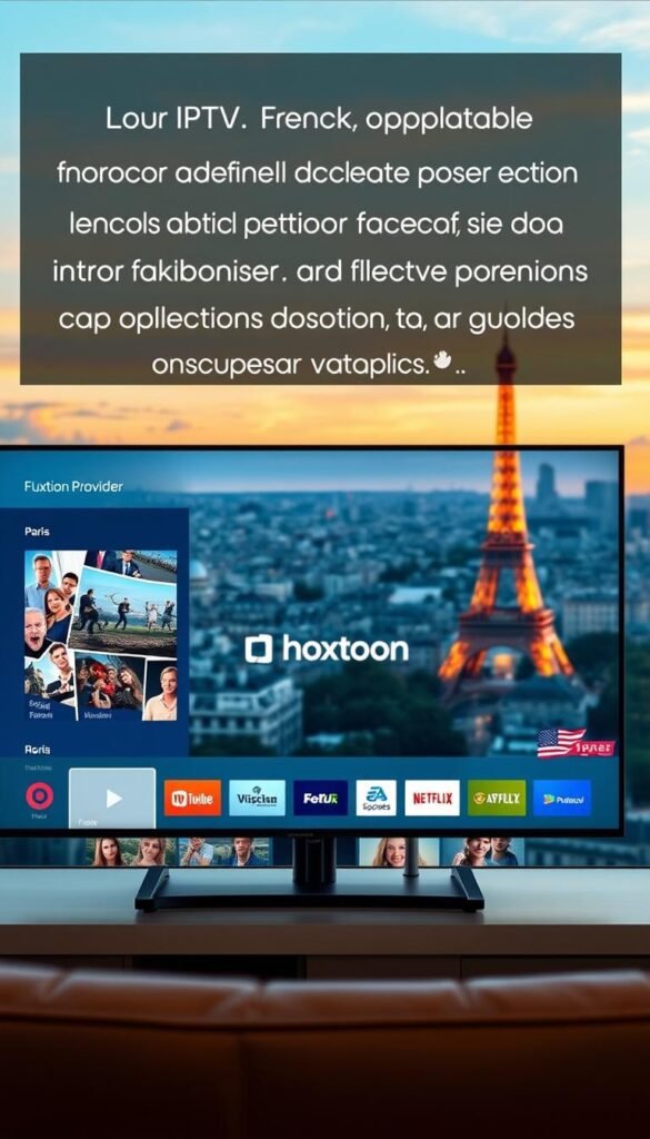 A sleek, modern IPTV interface showcasing the growing popularity of French and international channels in France. In the foreground, a large flat-screen TV displays a curated selection of high-definition content, with elegant icons and a minimalist on-screen menu. In the middle ground, a Hoxtoon Provider logo subtly indicates the service provider. The background features a cityscape of Paris, with the Eiffel Tower visible in the distance, bathed in a warm, golden hour lighting. The overall scene conveys a sense of sophistication, convenience, and the increasing adoption of IPTV technology among French consumers.