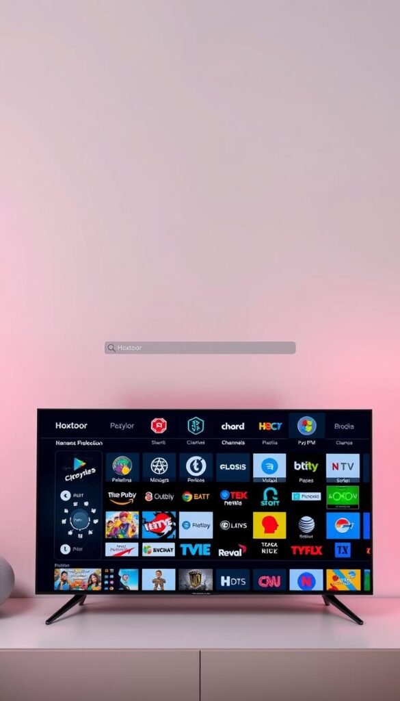 A sleek, modern IPTV interface with a Hoxtoon Provider branded channel selection menu. The foreground displays a grid of channel thumbnails and logos, showcasing a diverse range of programming options. The middle ground features a clean, minimalist design with intuitive navigation controls and a prominent search bar. The background subtly blends soft gradients and geometric patterns, creating a visually striking and immersive user experience. Crisp lighting and a slightly angled perspective add depth and draw the viewer's attention to the central channel selection area. The overall mood is one of technological sophistication, content abundance, and user-friendly accessibility.