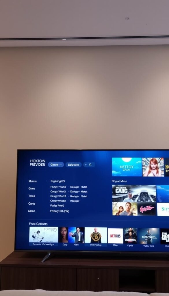 A sleek, modern IPTV interface with a detailed electronic program guide, showcasing the Hoxtoon Provider brand. In the foreground, a large high-definition display presents a visually striking program selection, with clear genre categories and elegant typography. The middle ground features a side menu with customization options, while the background depicts a sophisticated, minimalist design with muted tones, conveying a sense of professionalism and technological sophistication. Soft, indirect lighting creates a warm, inviting atmosphere, drawing the viewer's attention to the intuitive and user-friendly Hoxtoon Provider experience.