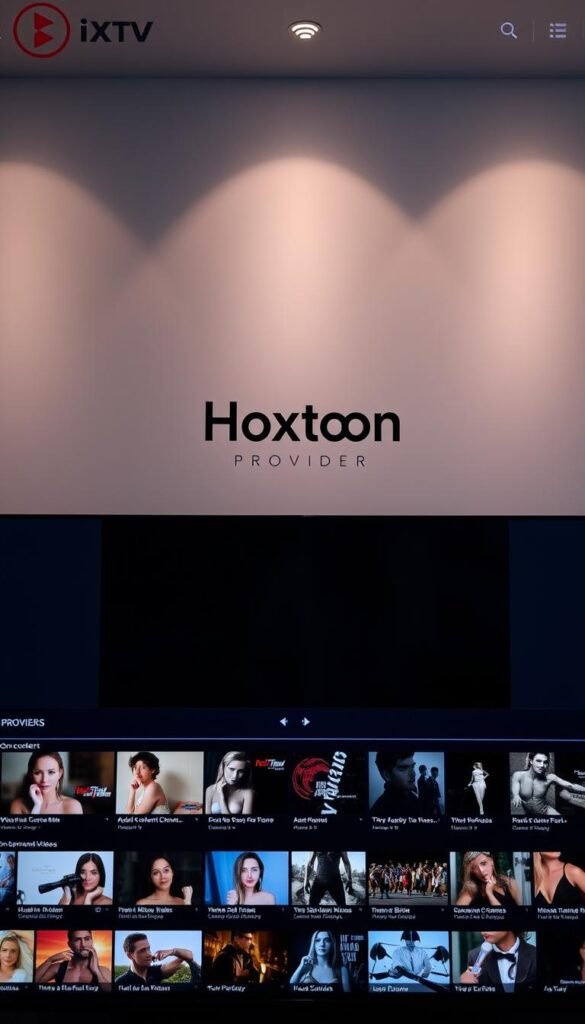 A sleek, modern IPTV interface with the Hoxtoon Provider brand prominently displayed. In the foreground, an array of adult content channels and on-demand videos are showcased, their thumbnails and descriptions alluring yet discreet. The middle ground features a clean, minimalist layout with intuitive navigation controls, suggesting a user-friendly experience. The background is softly lit, creating a sense of privacy and exclusivity. The overall mood is one of sophistication and discretion, catering to a discerning adult audience seeking a safe, secure, and convenient way to access their preferred content.