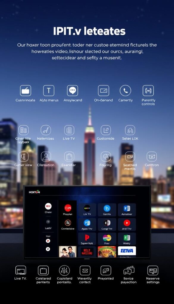 A sleek, modern IPTV player interface showcasing the key features. In the foreground, a high-resolution display presents the Hoxtoon Provider branding and a clean, intuitive user experience with customizable menus, seamless video playback, and a sophisticated dark mode theme. In the middle ground, various icons and visual cues highlight functions like live TV, on-demand content, parental controls, and device settings. The background has a subtle, blurred cityscape with skyscrapers and a starry night sky, creating a sophisticated, tech-savvy atmosphere.