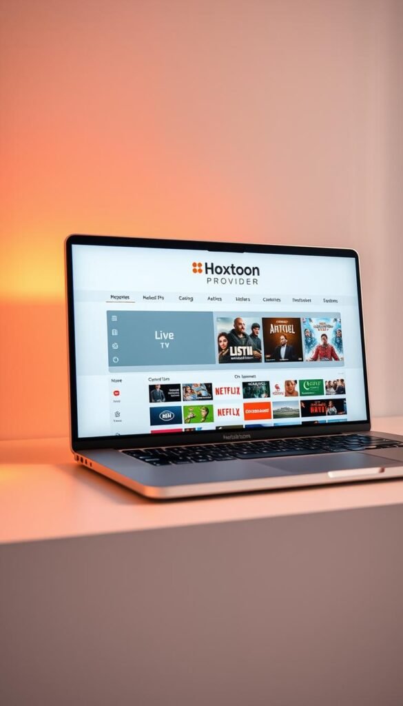 A sleek, modern IPTV player software interface displayed on a silver MacBook Pro laptop, set against a minimalist, elegant backdrop. The software features the "Hoxtoon Provider" brand prominently, with a clean, intuitive user experience showcasing a grid of live TV channels and on-demand content. Warm, directional lighting from the side creates depth and highlights the tactile, premium feel of the hardware. The overall scene conveys a sense of the future of Mac-based IPTV technology - seamless, sophisticated, and tailored for the discerning user.